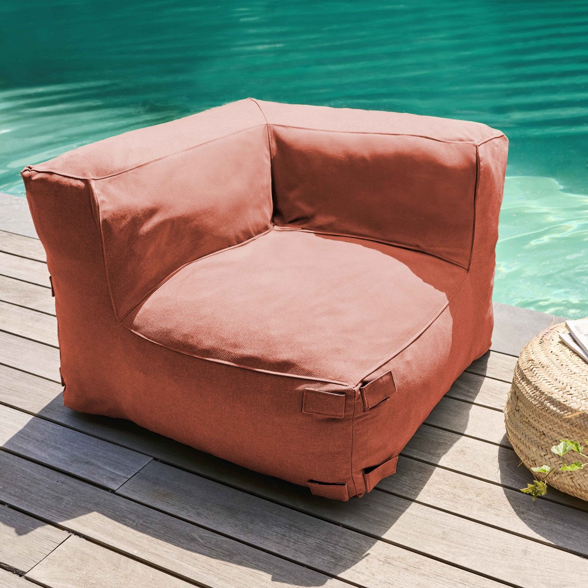 Canapé d'angle fixe modulable avec 2 chauffeuses et 2 angles, MIXI terracotta, OVIALA
