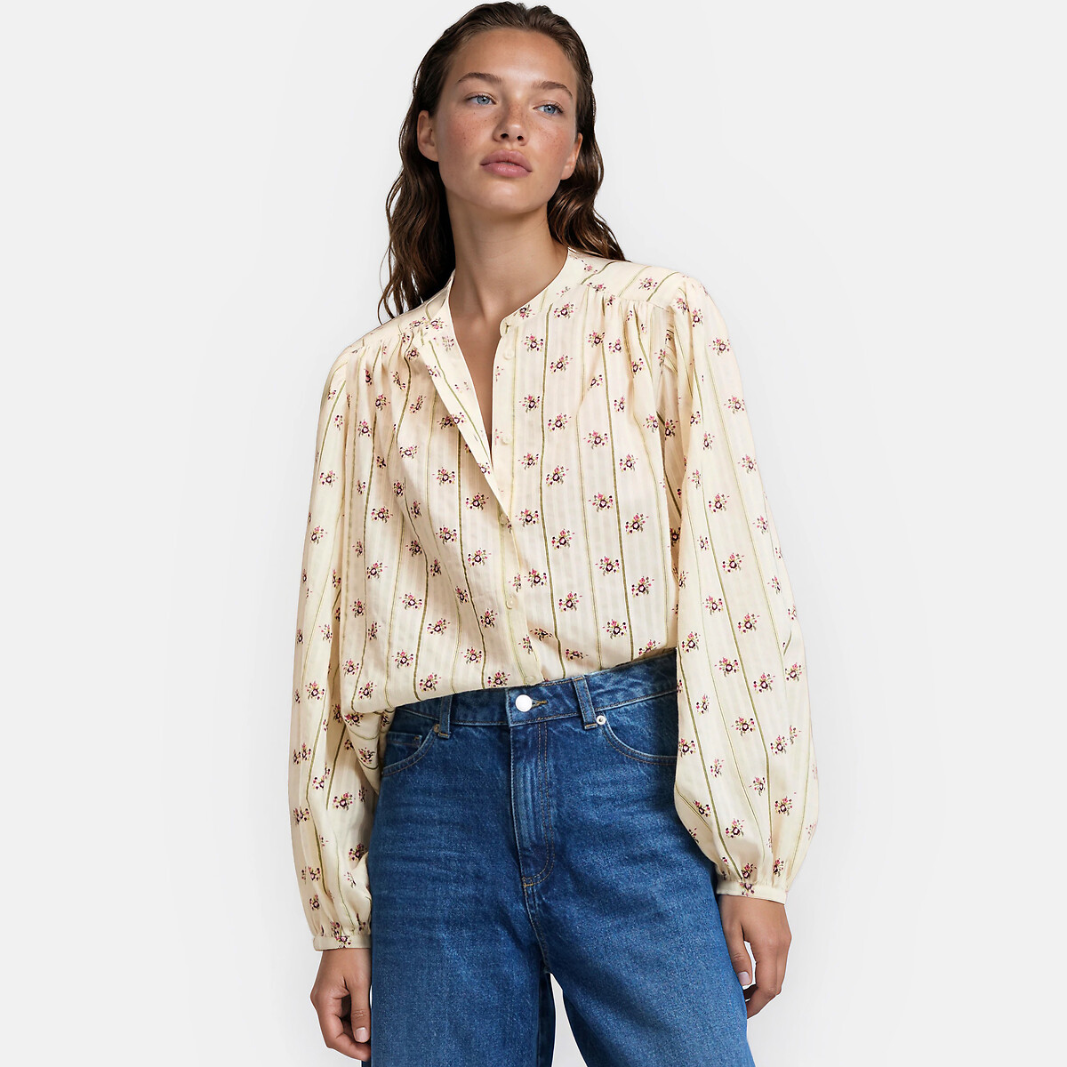 Chemise col mao, oversize, imprimé floral, Signature LISE imprimé floral blanc/rose, LA REDOUTE COLLECTIONS