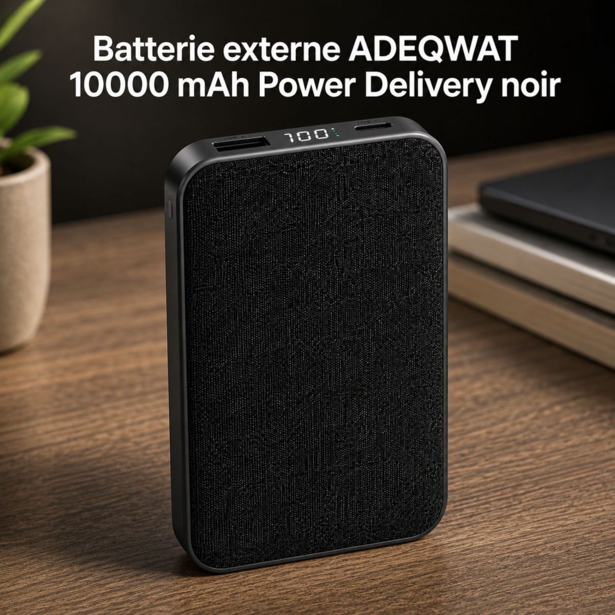 Batterie externe PowerBank 10000 mAh Power Delivery noir compatible iPhone 16 15 14 et Samsung Galaxy couleur unique, ADEQWAT