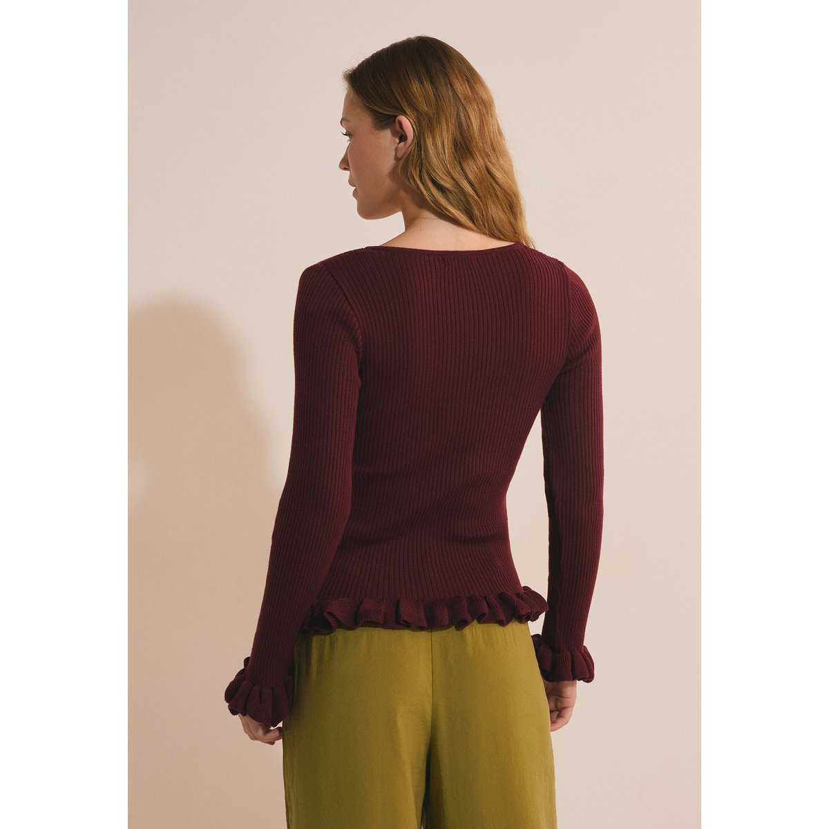 Pull col V avec détails manches A POLANA bordeaux grenat, ETAM
