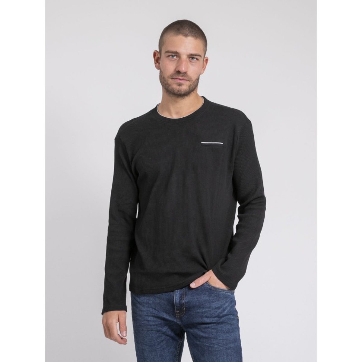 T-shirt Manches Longues Col Rond Texturé Jovictor noir, RITCHIE