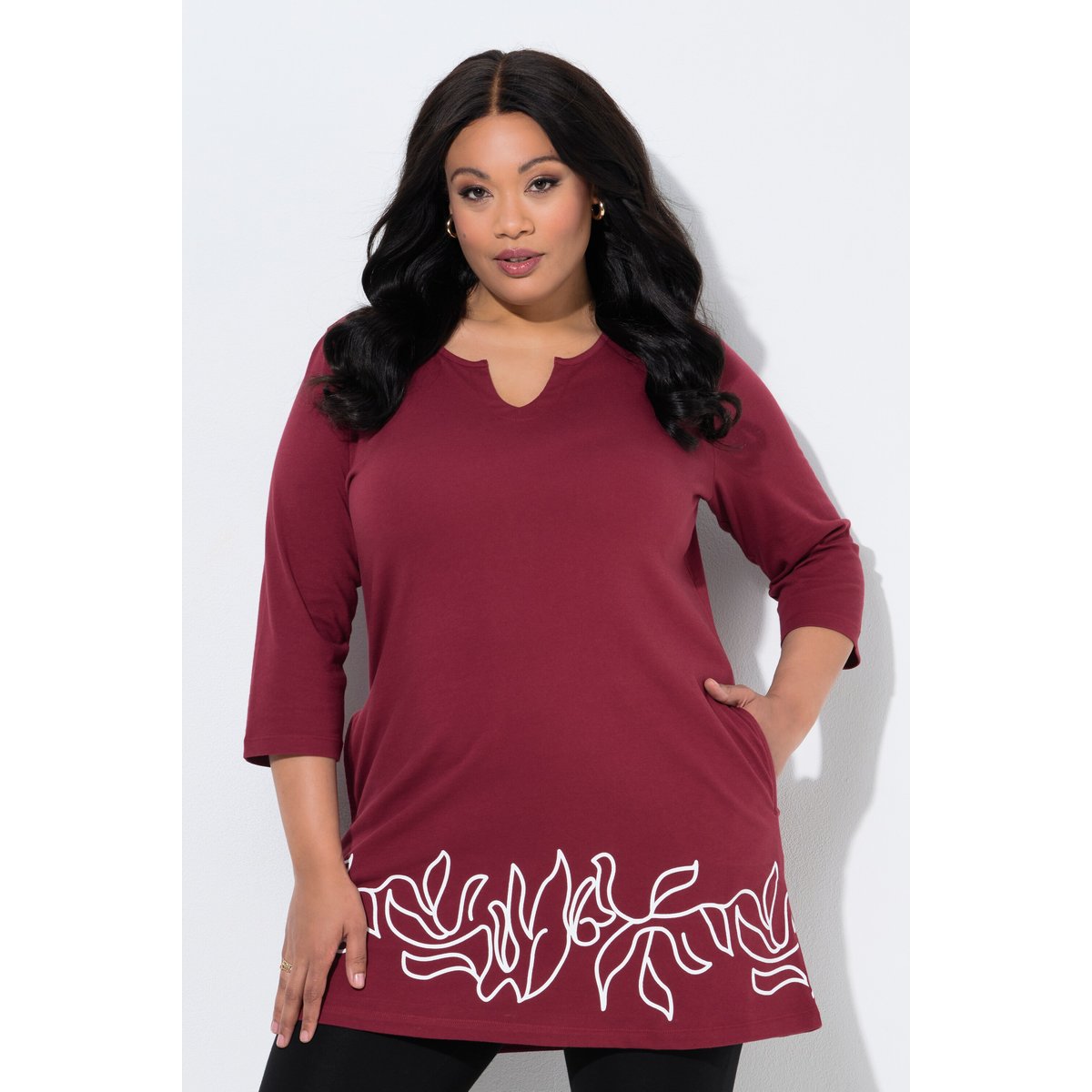 T-shirt long à motif imprimé rouge vin foncé, ULLA POPKEN