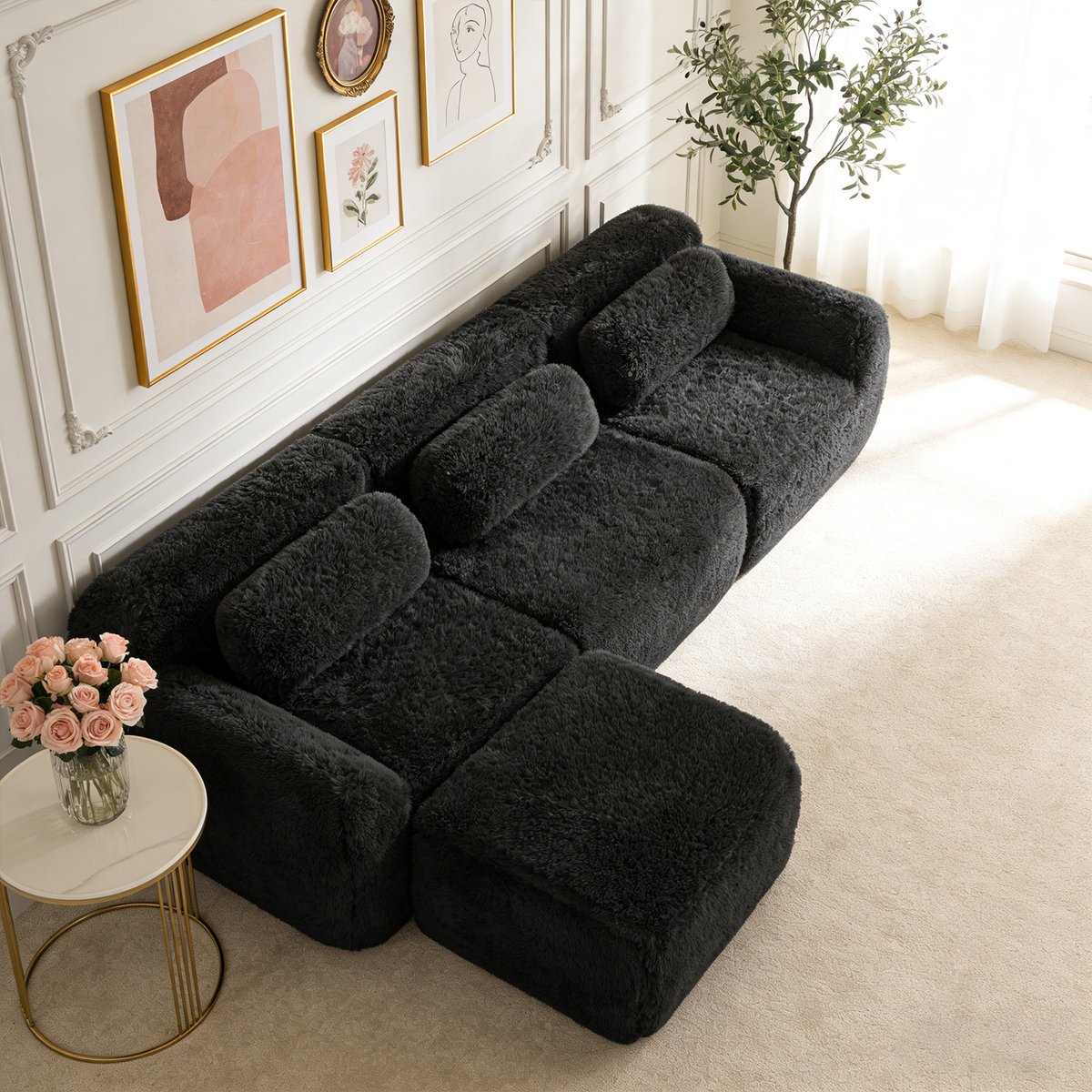 Canapé d'angle réversible 3 places avec pouf, WIND noir, MEUBLES COSY