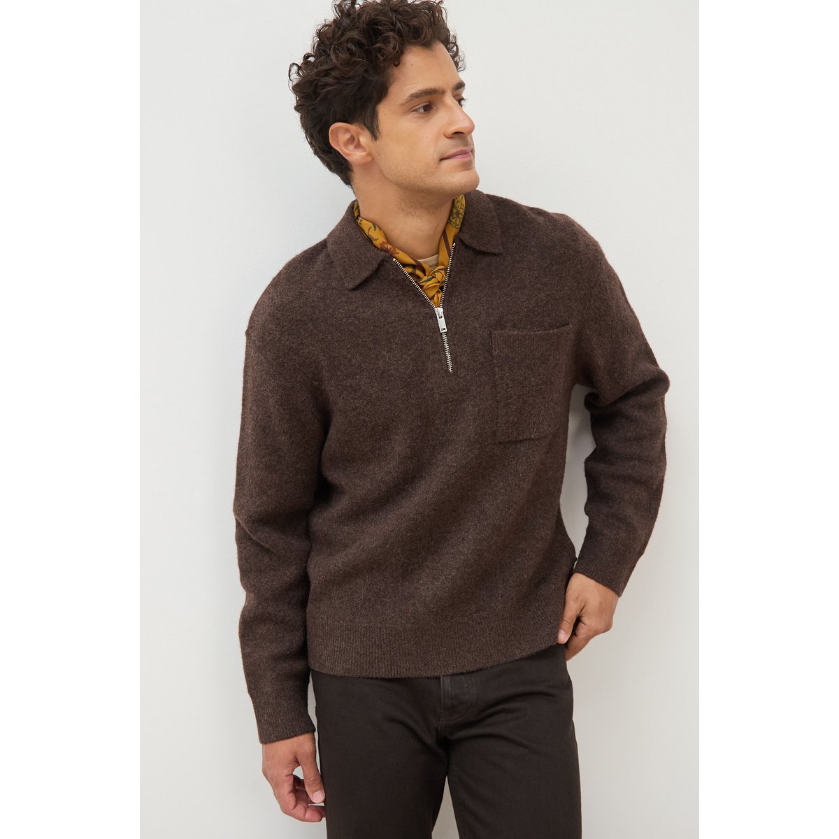 Pull droit manches longues marron foncé, BONOBO