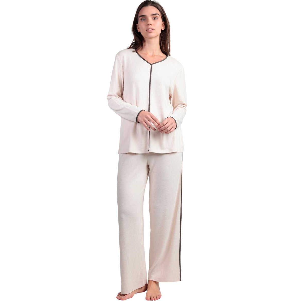 Pyjama pantalon top manches longues col V Elegant At Home beige, ADMAS