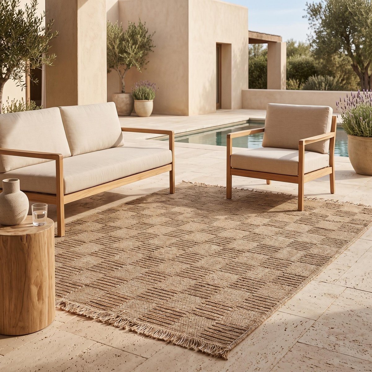 Tapis extérieur intérieur damier aspect jute JUTA DAMIER beige, THE DECO FACTORY