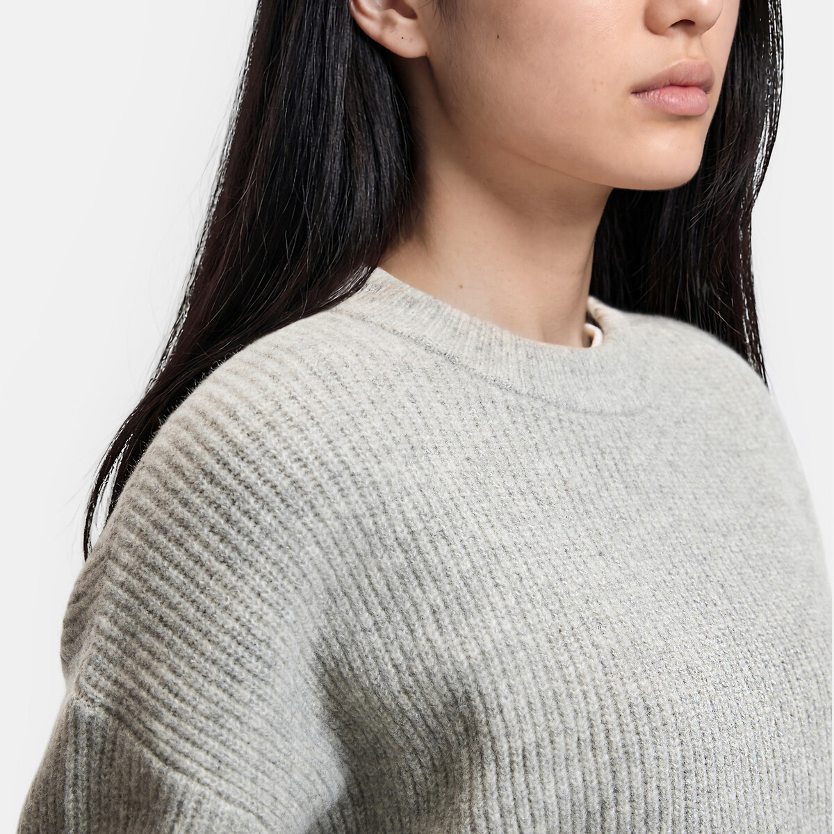 Pull col rond maille côtelée, volume ample gris chiné, LA REDOUTE COLLECTIONS