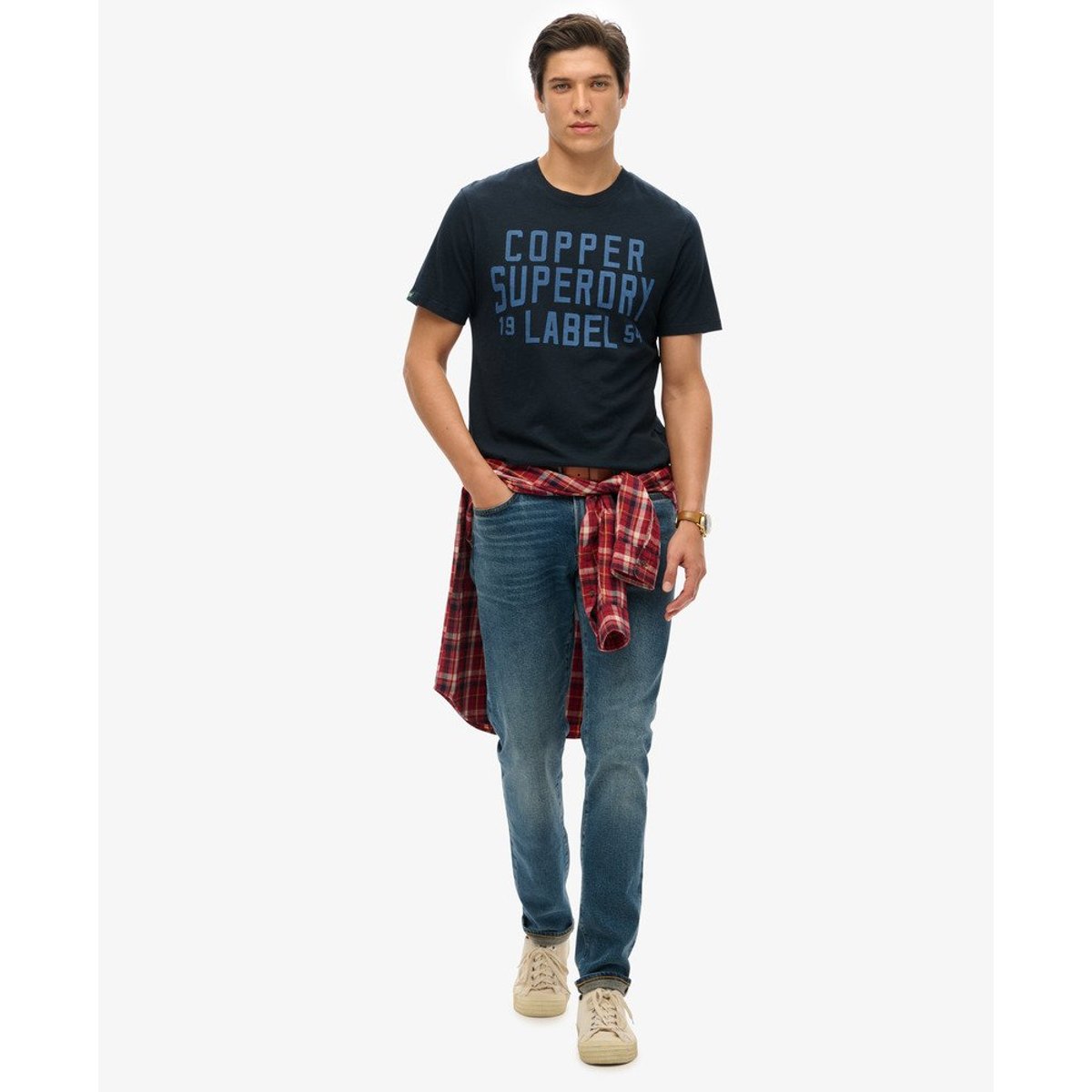 T-shirt col rond à imprimé bleu marine, SUPERDRY