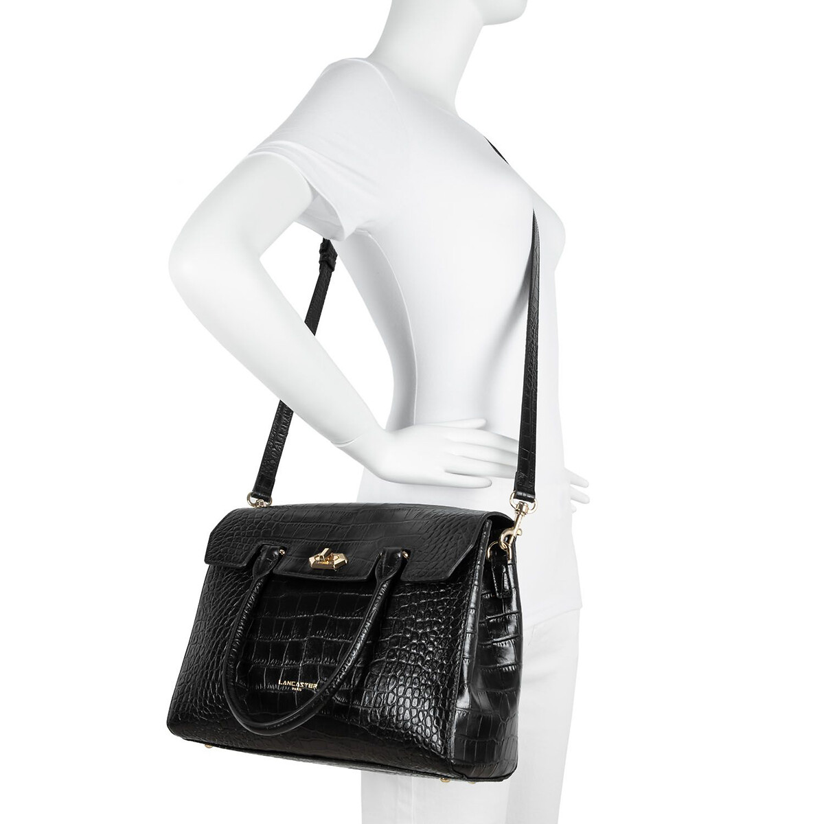 Sac à main en cuir motif croco EXOTIC CROCO noir, LANCASTER