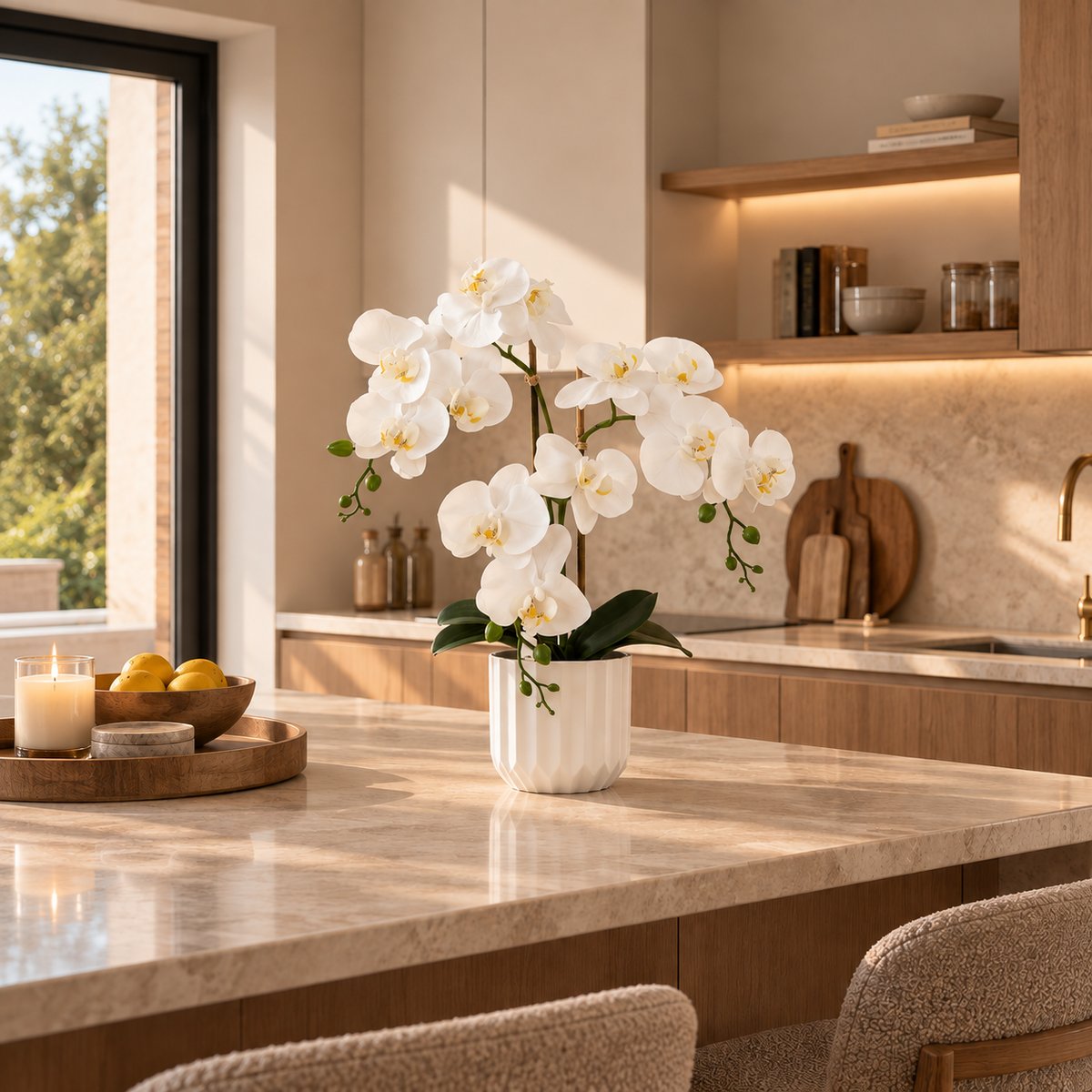 Orchidée artificielle toucher naturel blanc 52cm blanc, LIGNE DECO
