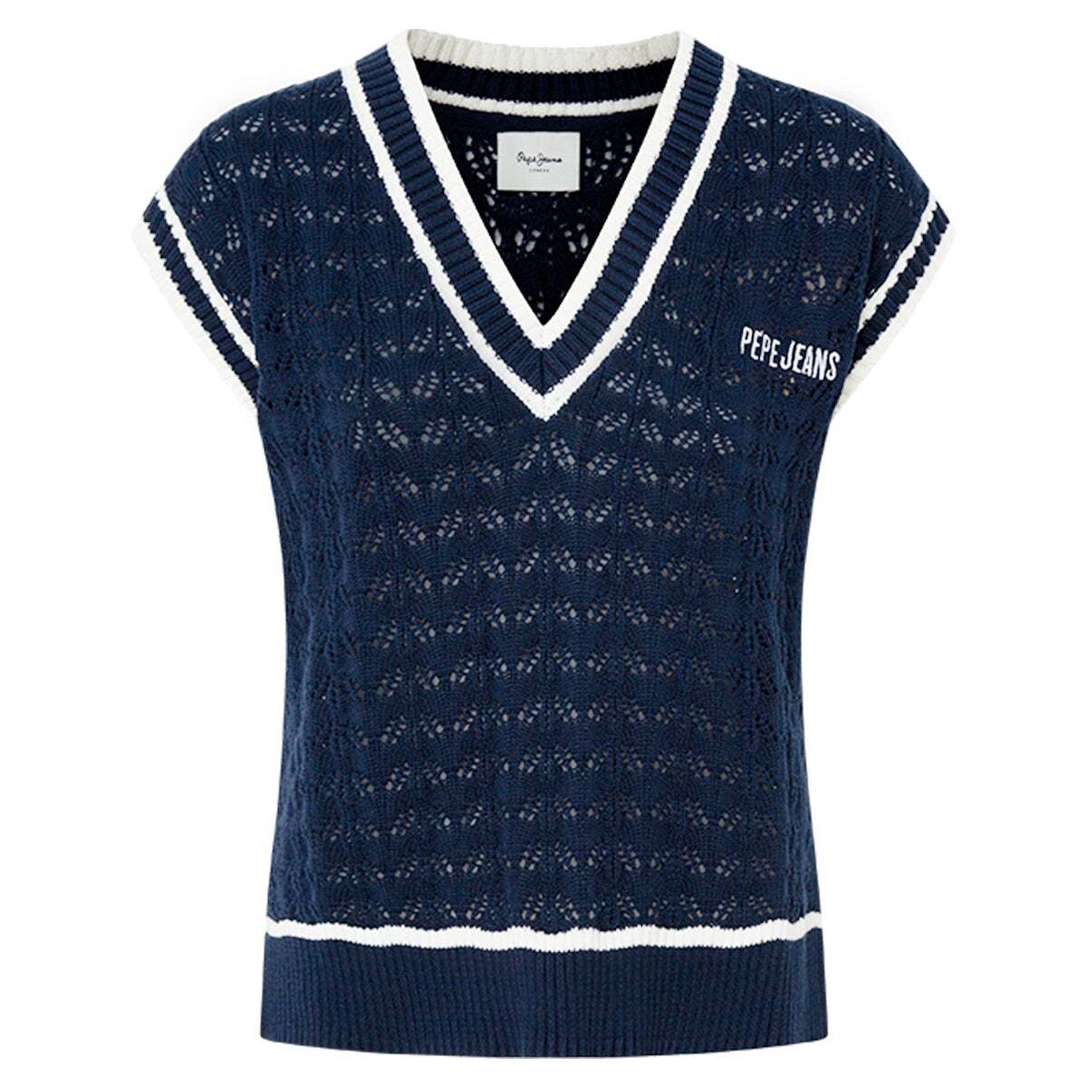 Gilet Col V En Maille Ajourée bleu marin, PEPE JEANS