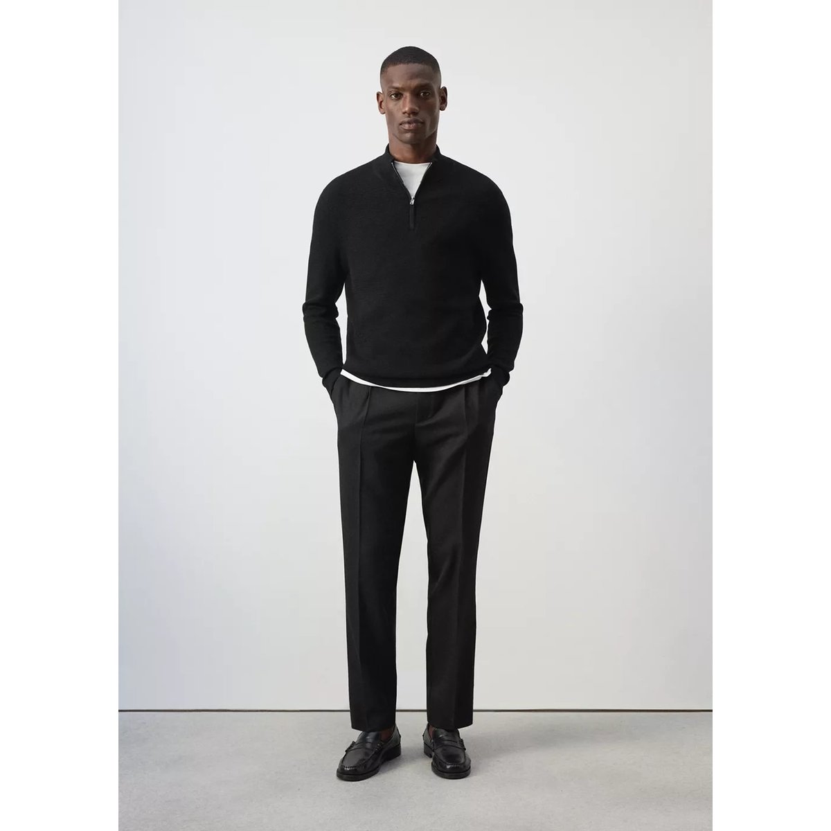Pull-over maille fine fermeture Éclair noir, MANGO MAN