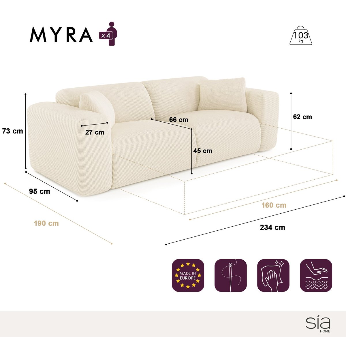Canapé convertible express dunlopillo 160cm 4 places en tissu tramé MYRA beige, SIA HOME