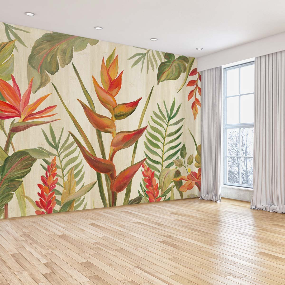 Papier peint panoramique feuilles fleurs du paradis intissé, HEXOA