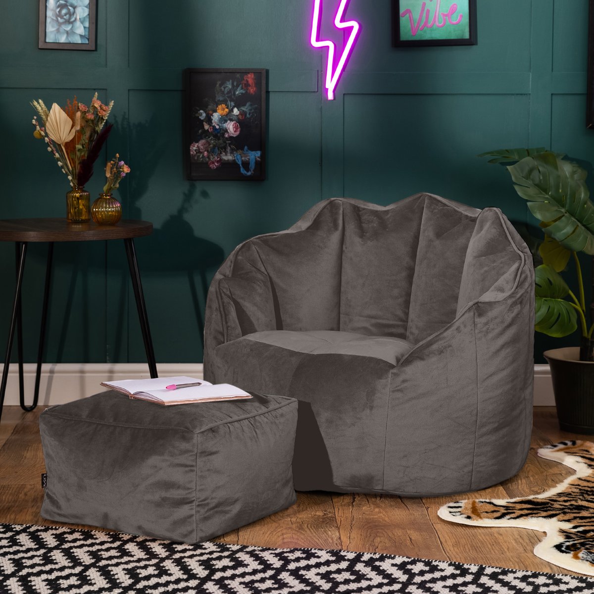 Pouf fauteuil et son repose-pied velours - SIRENA gris anthracite, ICON