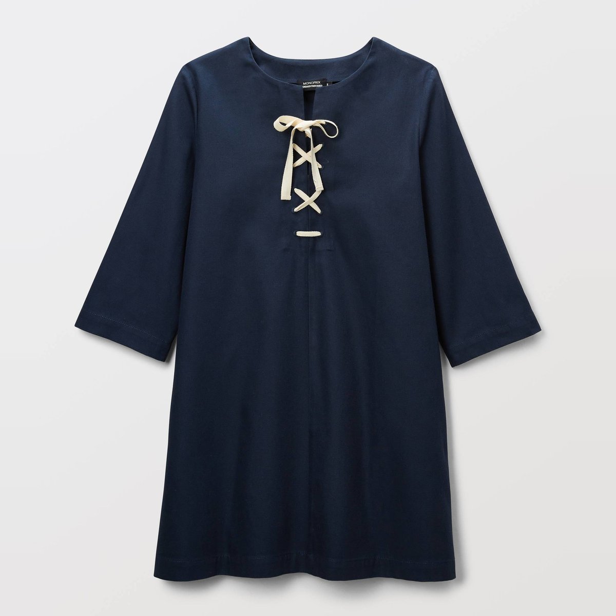 Robe courte, manches longues avec laçage en coton BIO GOTS marine, MONOPRIX