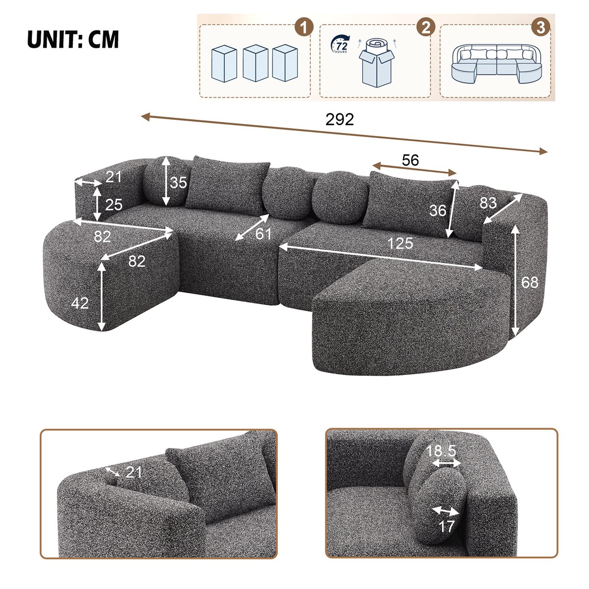 Canapé d'angle modulable convertible en chenille, MODEL1 gris foncé, MEUBLES COSY