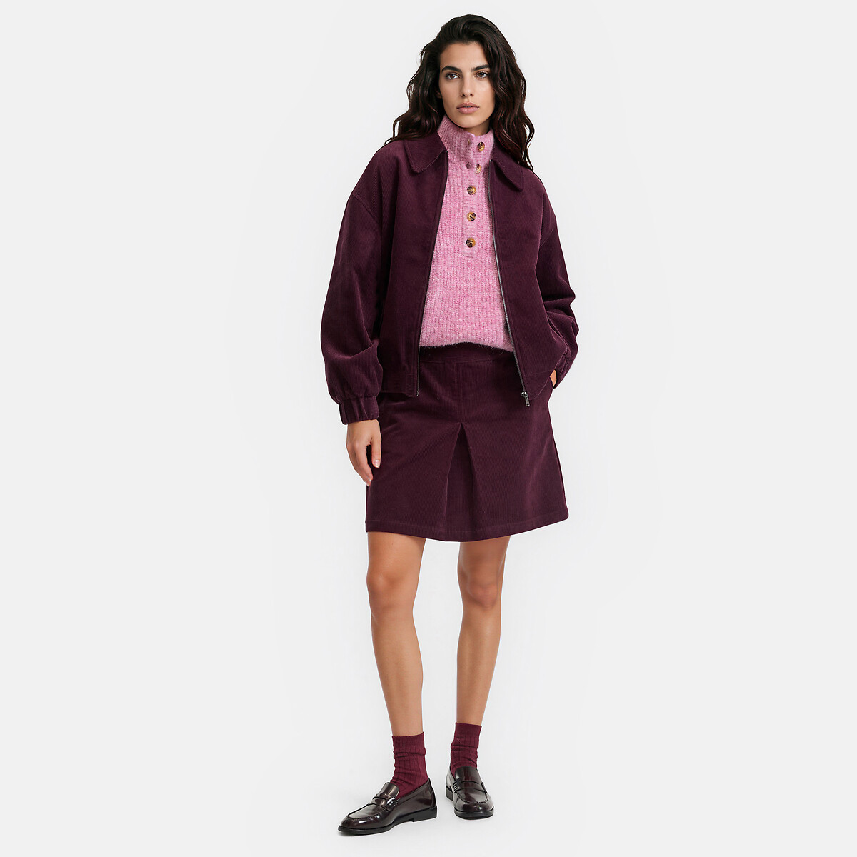 Blouson bomber en velours côtelé, col chemise violet foncé, LA REDOUTE COLLECTIONS