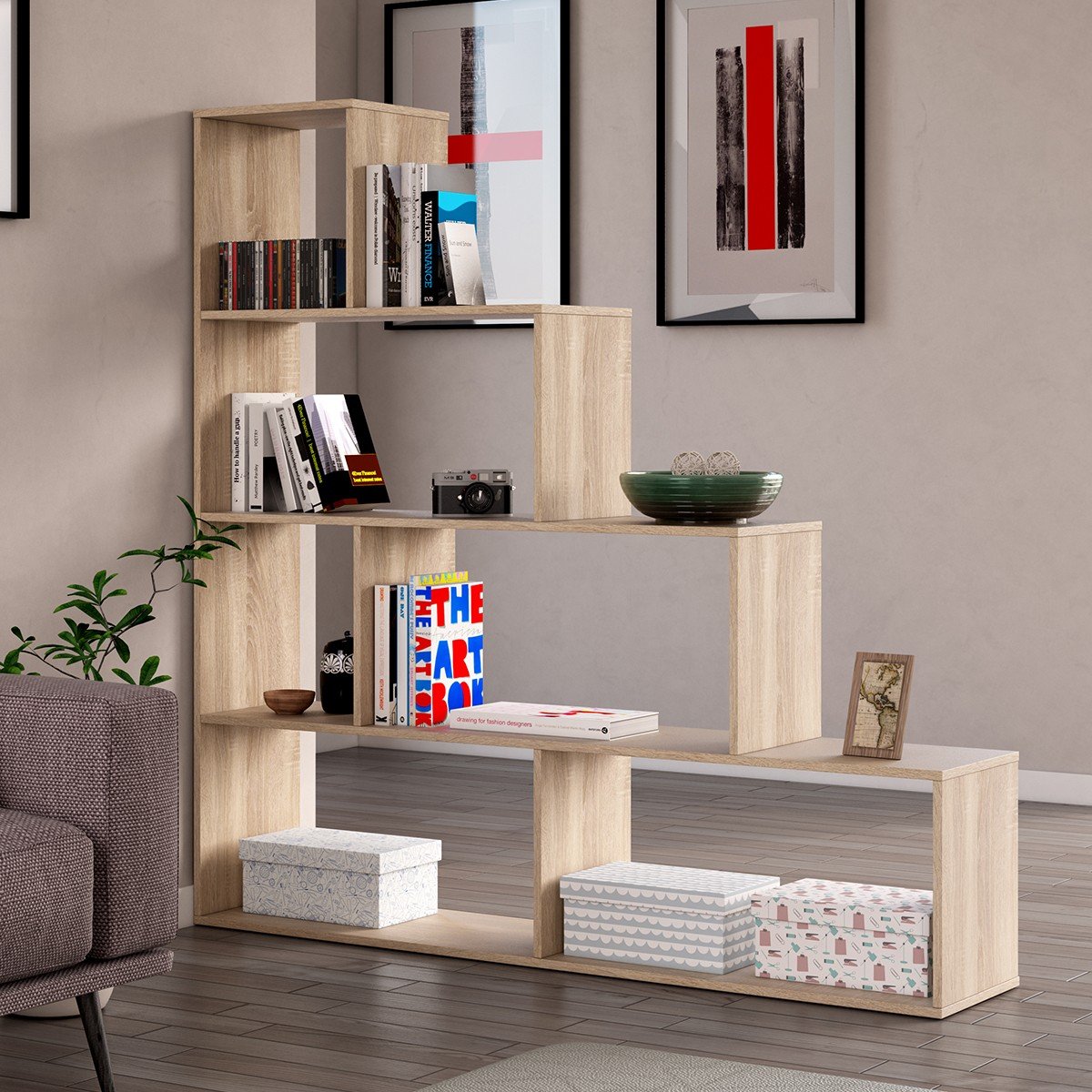 Étagère escalier 6 cases Klum - H145 cm chêne clair, CALICOSY