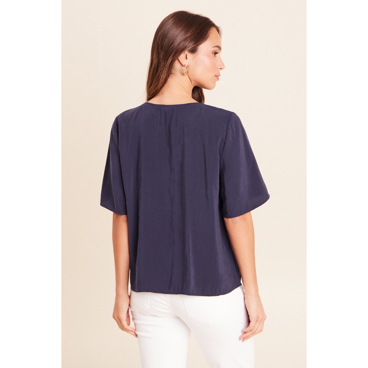 Blouse ample col v manches courtes bleu marine, BREAL