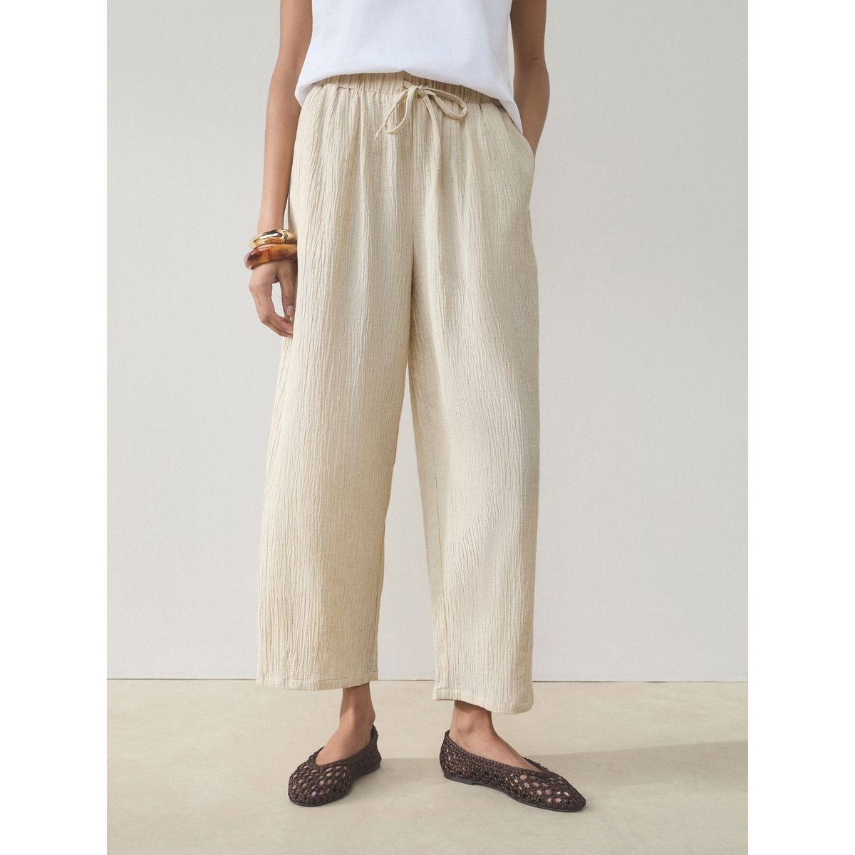 Pantalon bouffant en lin mélangé, lot de 2 brun chocolat/neutre, NEXT