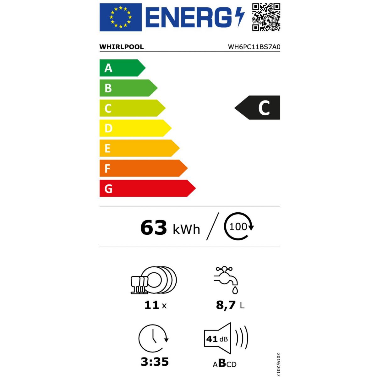 Lave vaisselle encastrable WH6PC11BS7A0 couleur unique, WHIRLPOOL