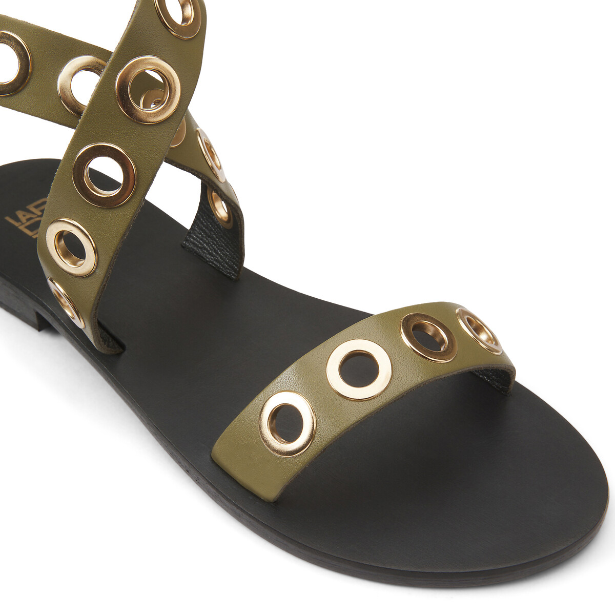 Leather Eyelet Sandals with Ankle Strap khaki, LA REDOUTE COLLECTIONS