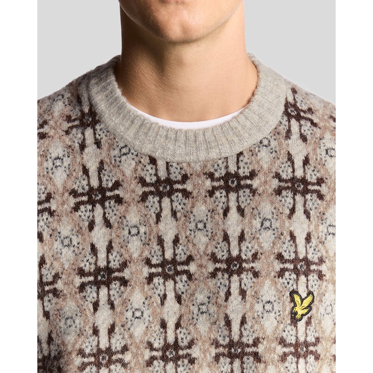 Pull brossé intarsia en maille gris clair chiné, LYLE & SCOTT