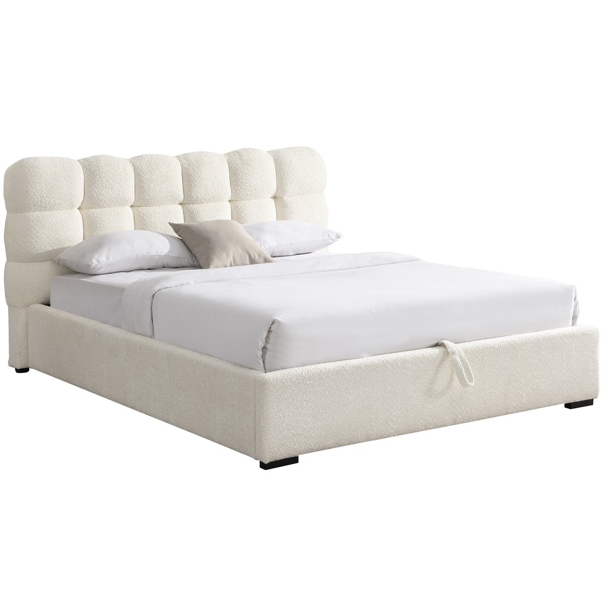 Lit coffre avec tête de lit en tissu bouclé - LOLA beige, HOMIFAB