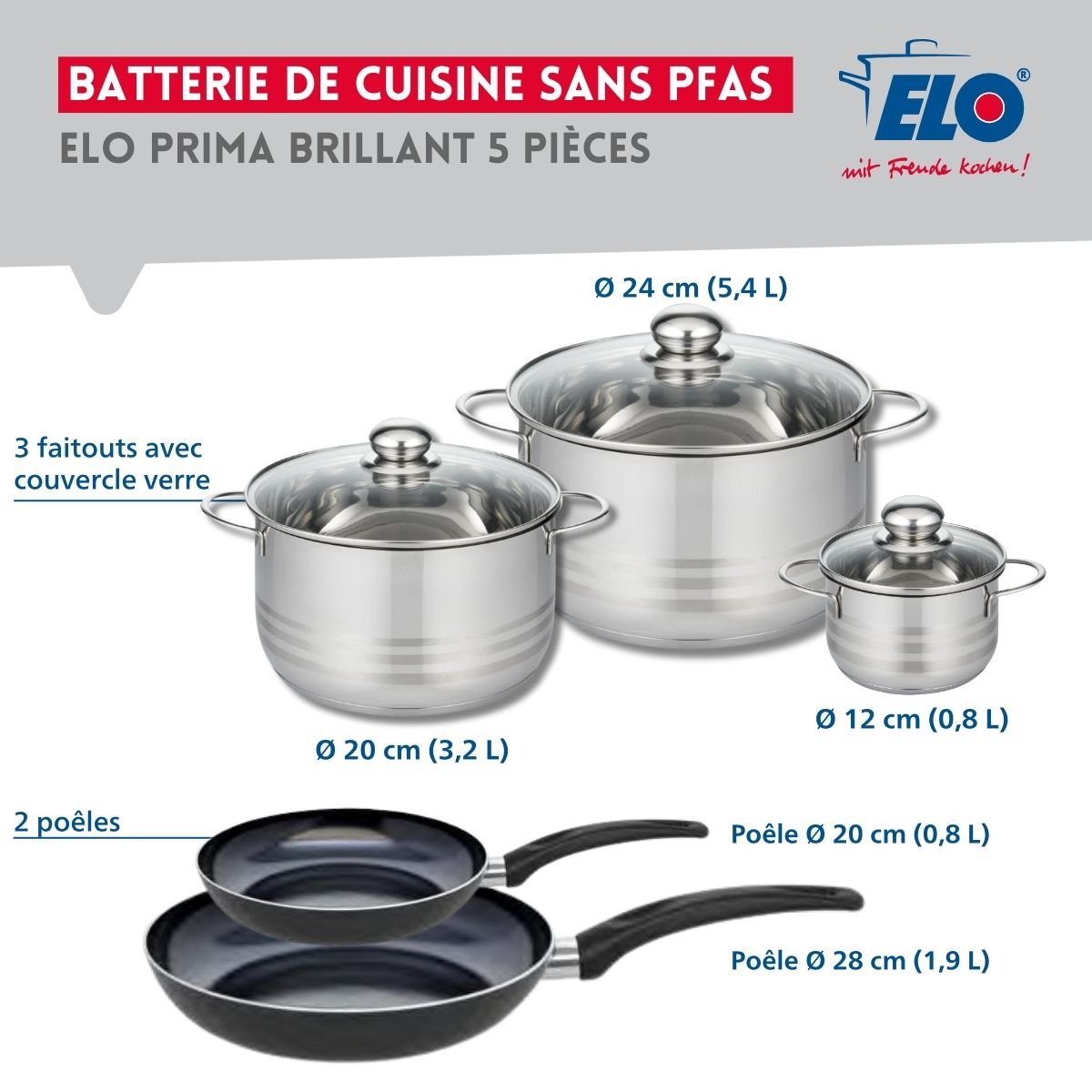 Batterie 2 poêles 20/28cm + 3 faitouts 12/20/24cm PRIMA BRILLANT noir, ELO