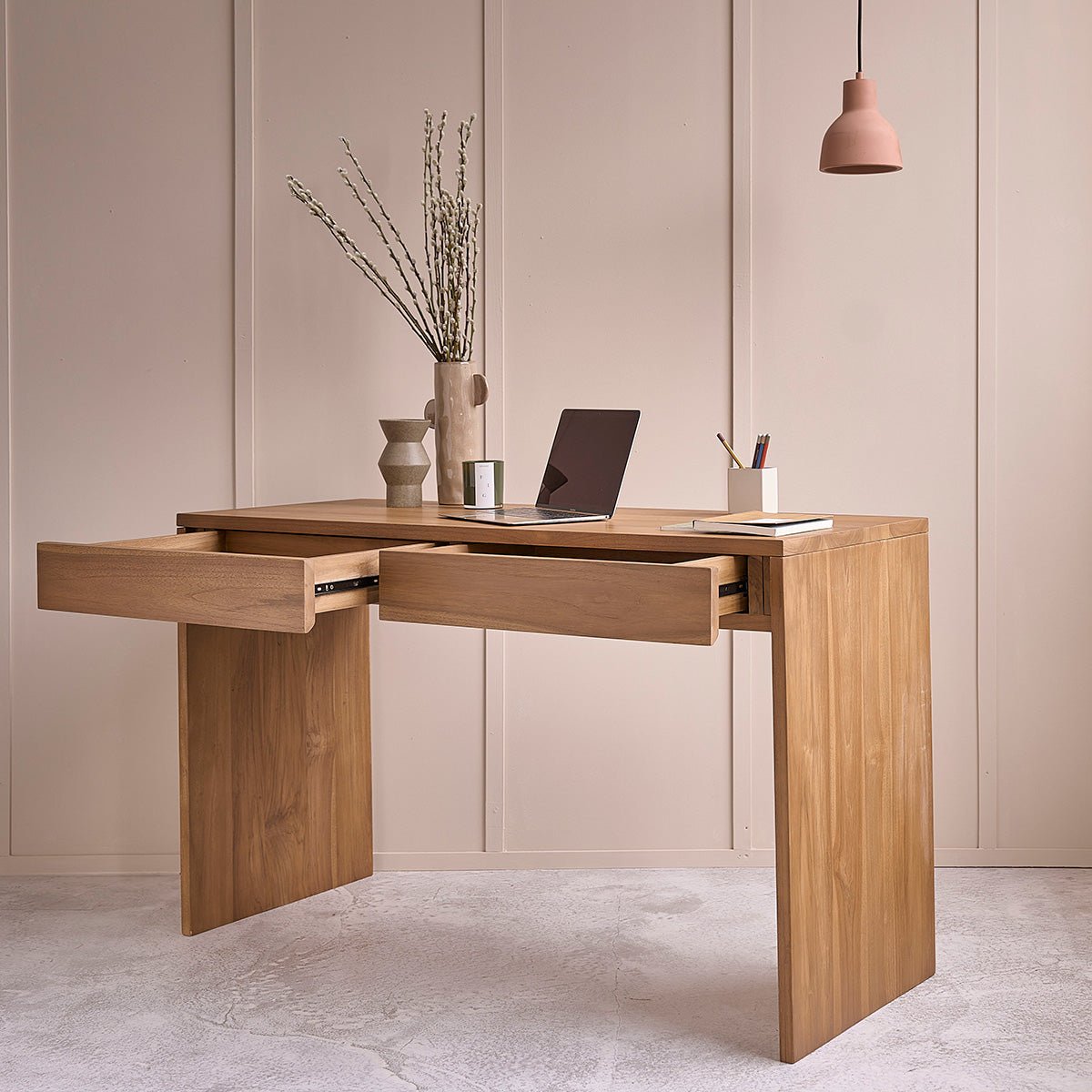 Bureau en bois de teck 130 cm 2 tiroirs  TRISTAN naturel, BERAH GETAH