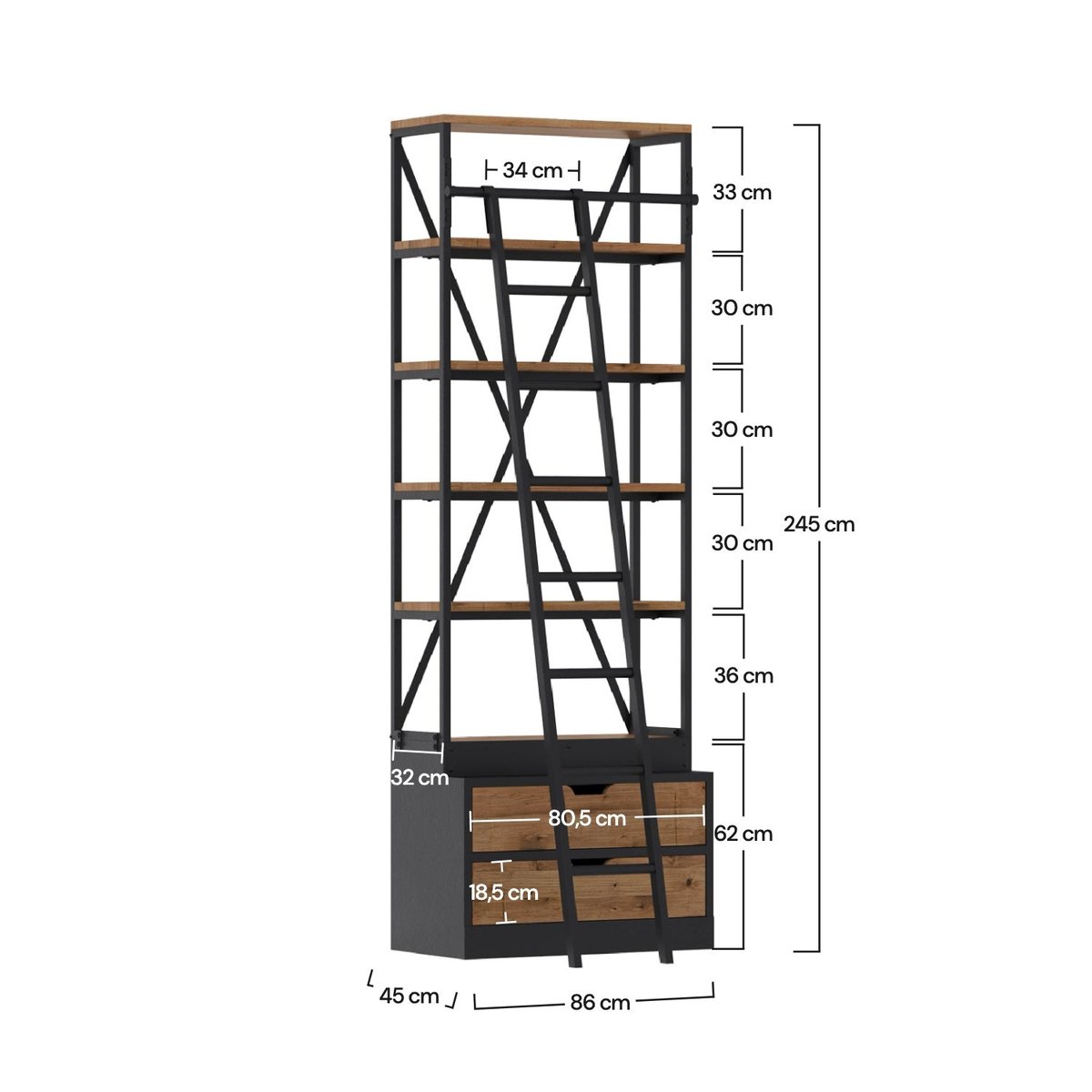 Petite bibliothèque 86 cm en bois et métal - KASI bois foncé et noir, MAISON PAVANE