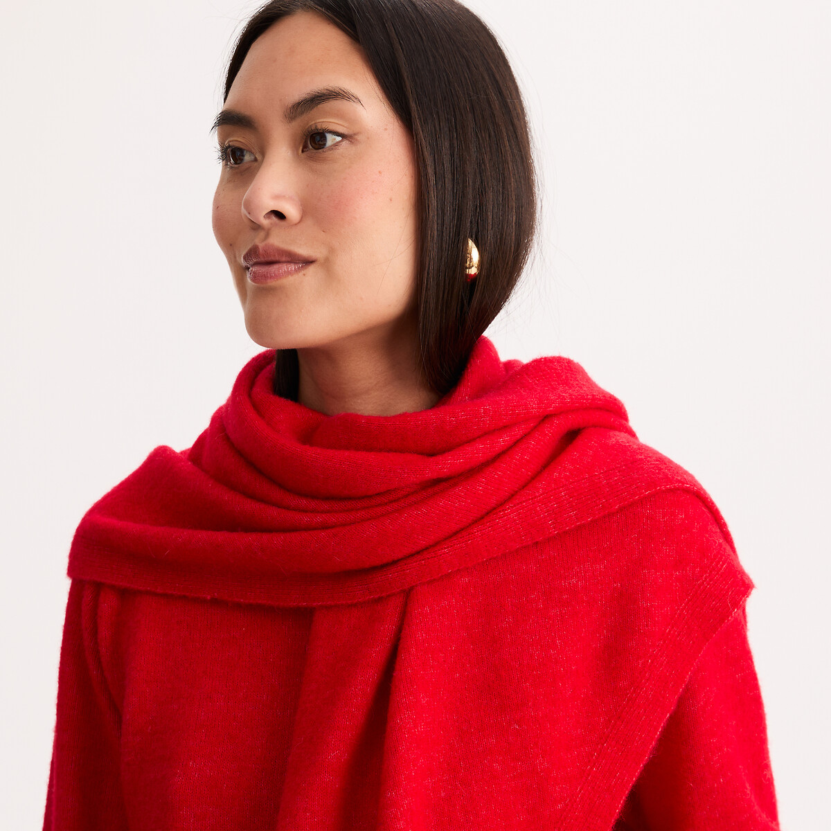 Pull col rond, en maille fine, avec foulard amovible rouge chiné, ANNE WEYBURN