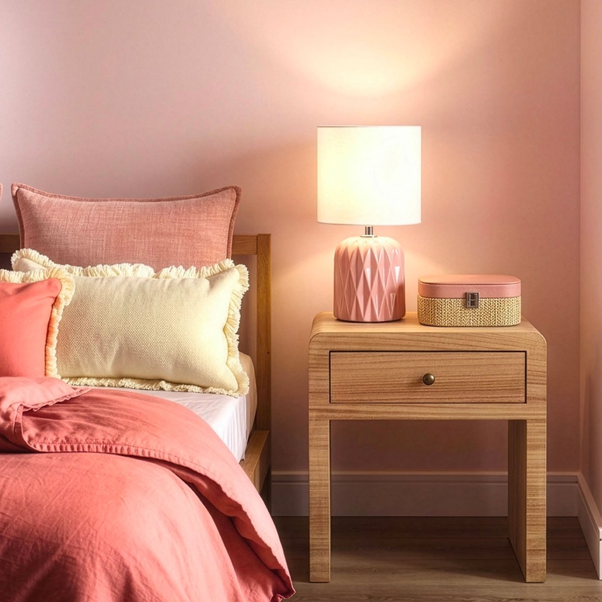 Lampe à poser en céramique rose et abat-jour beige 17x17x30cm rose, WADIGA