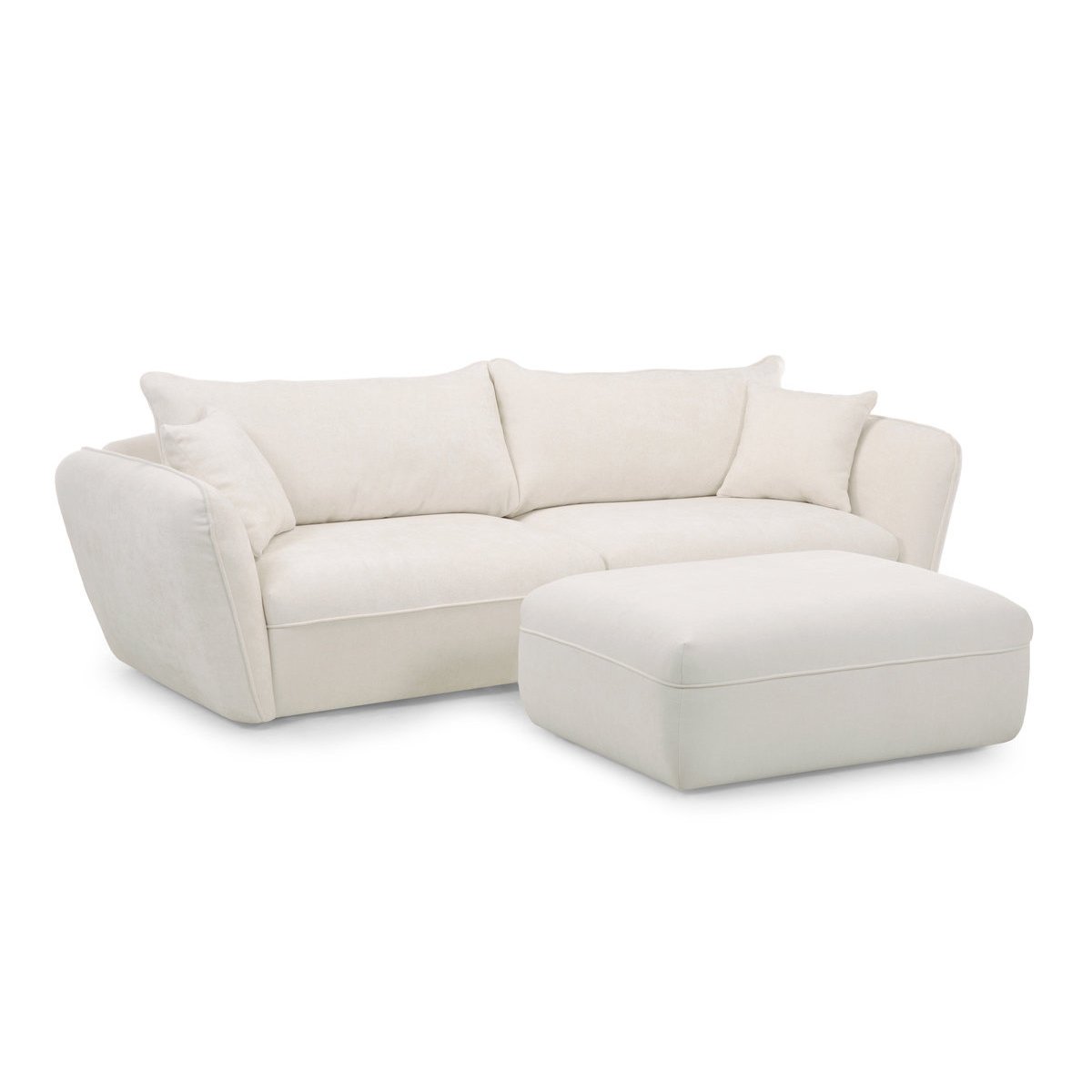 Canapé droit fixe 3 places en tissu texturé avec pouf, LUIGI blanc, BOBOCHIC