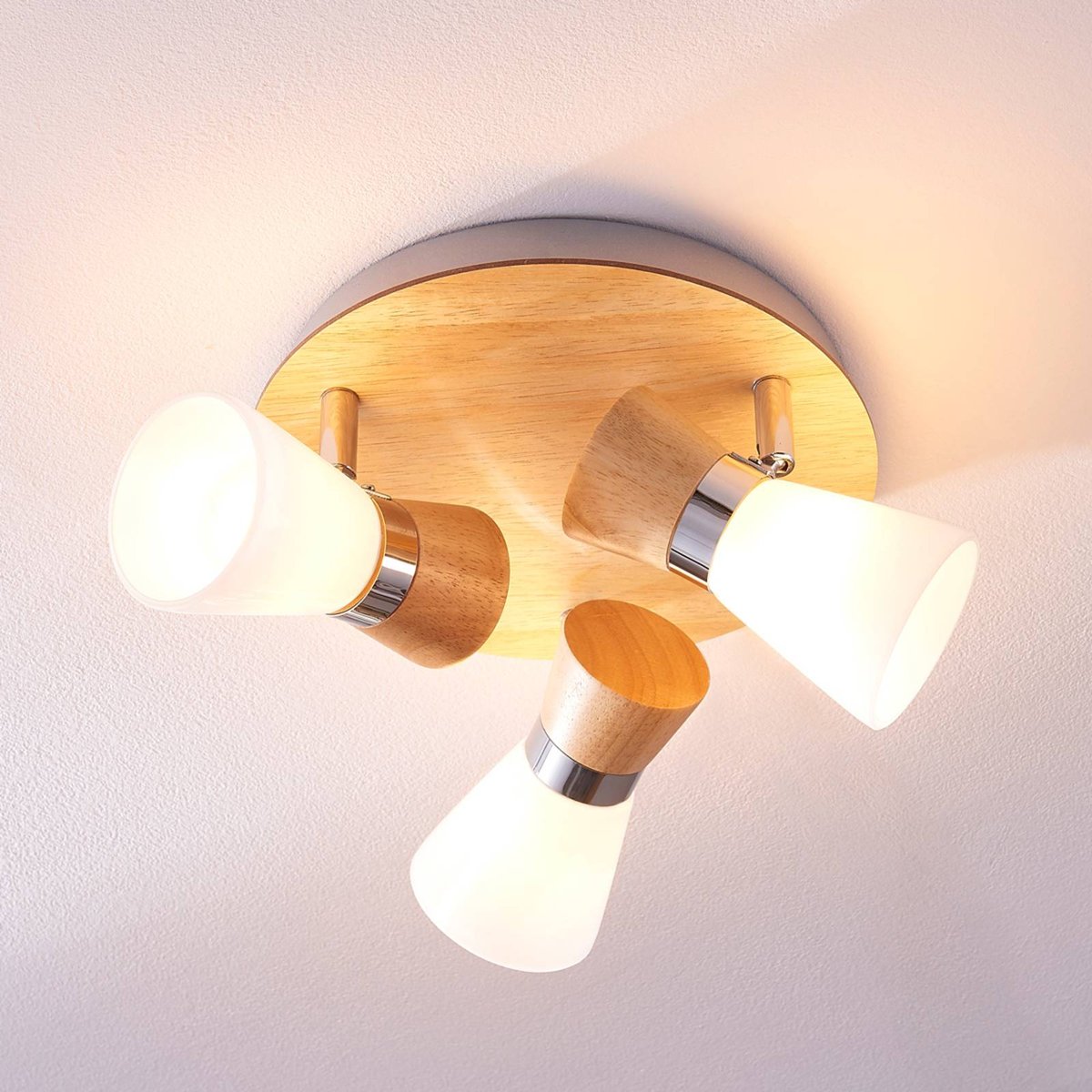 Plafonnier en bois scandinave, Vivica blanc, bois clair, chrome, LINDBY