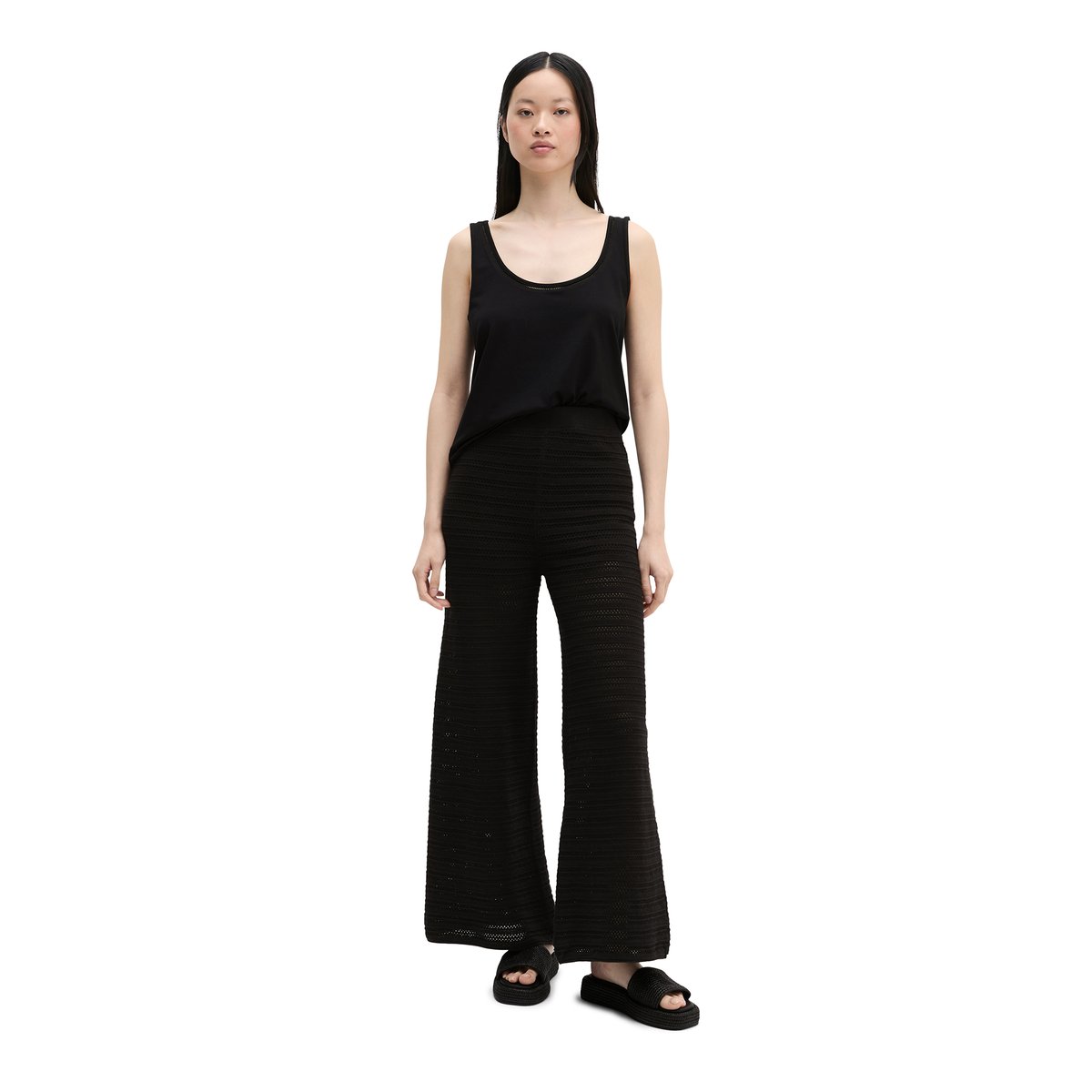 Pantalon ajouré large en coton et lin mélangés noir, MARC O'POLO