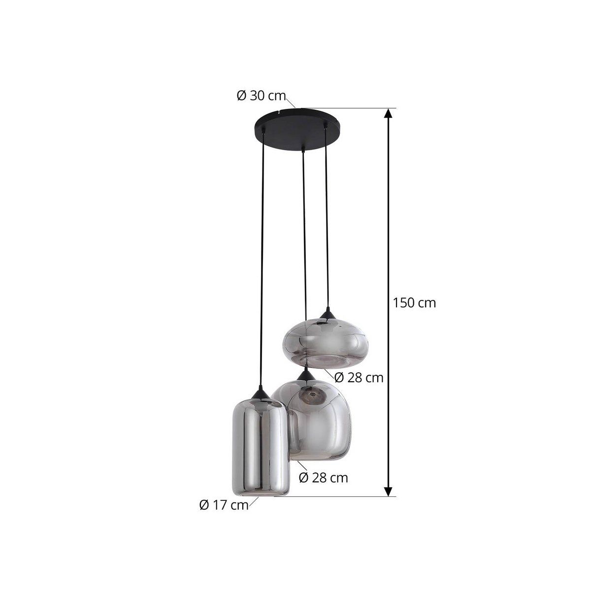 Suspension en verre moderne, Marla noir, gris fumé, LINDBY