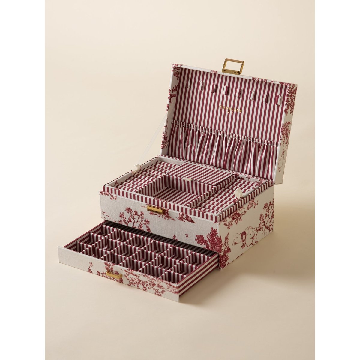Boîte à bijoux XL esprit toile de Jouy jouy bordeaux, CYRILLUS