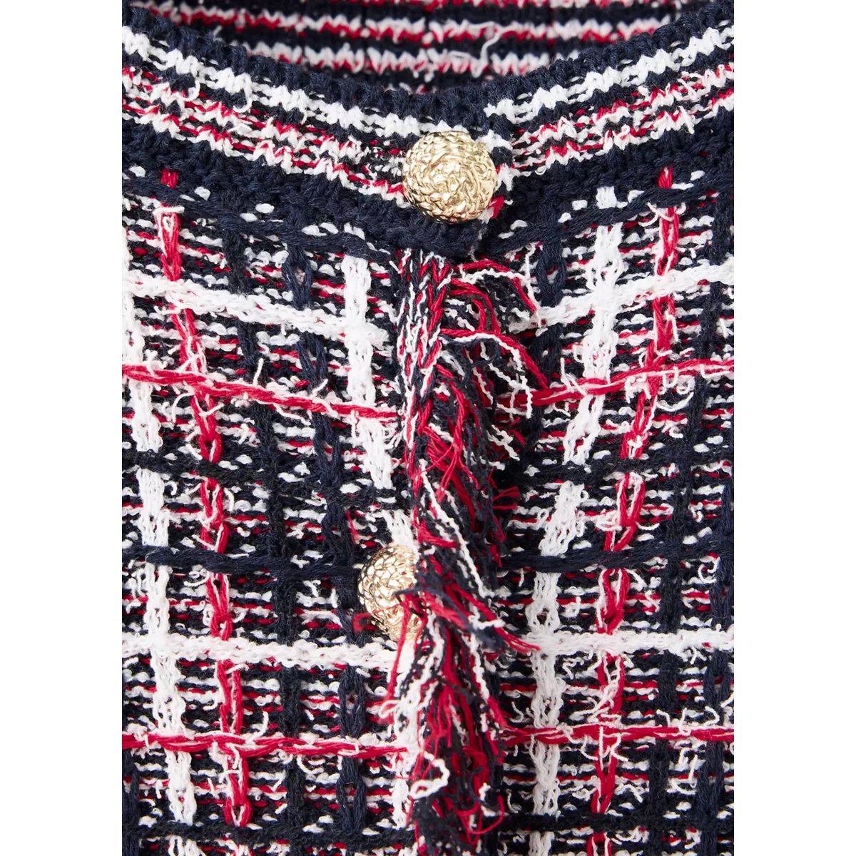Veste en tweed à carreaux avec franges bleu marine, MANGO