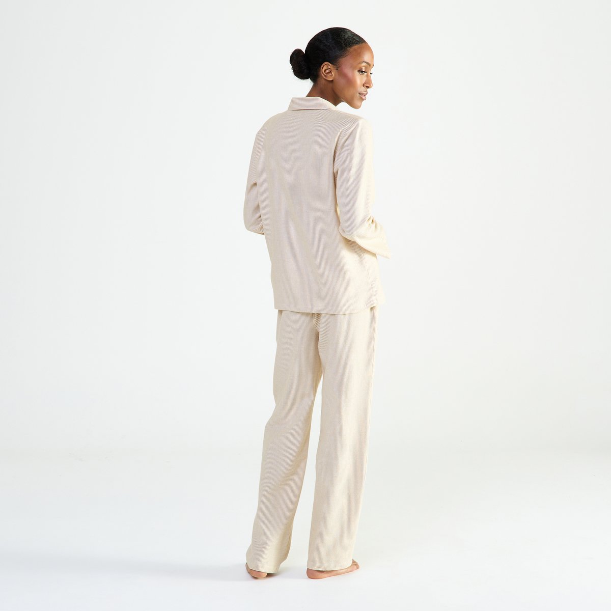 Pyjama col classique en flanelle de coton FLANELLE RAYÉE beige, LAURENCE TAVERNIER