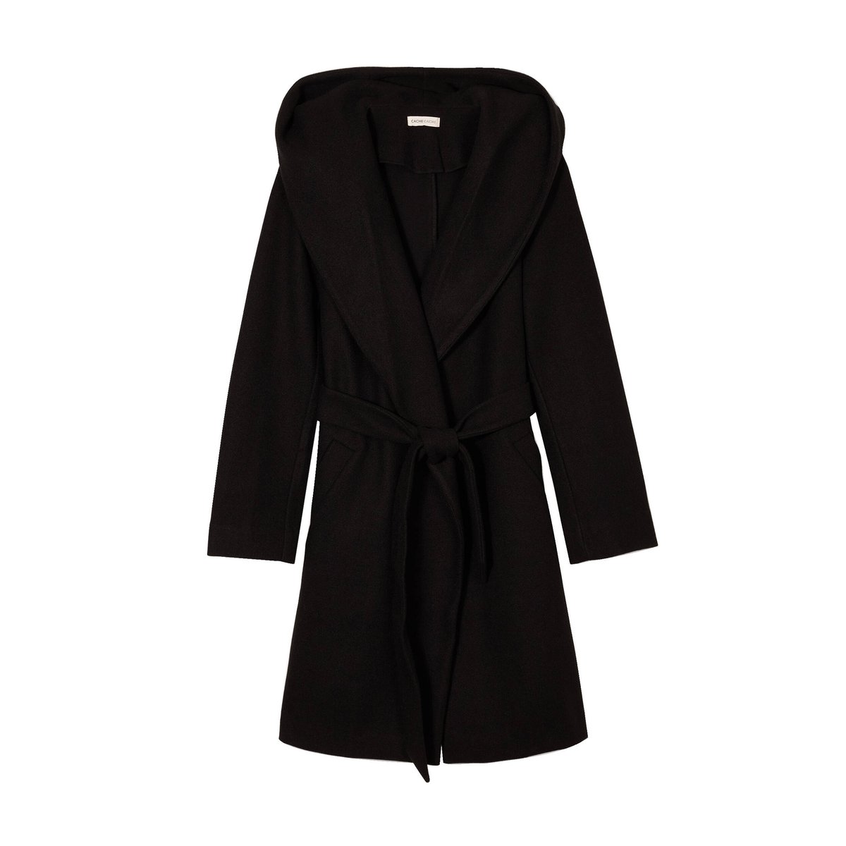 Manteau ceinturé à capuche noir, CACHE CACHE