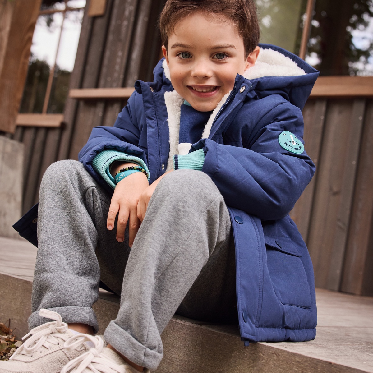 Manteau enfant imperméable doublé sherpa avec capuche Oscar bleu, PETIT BEGUIN