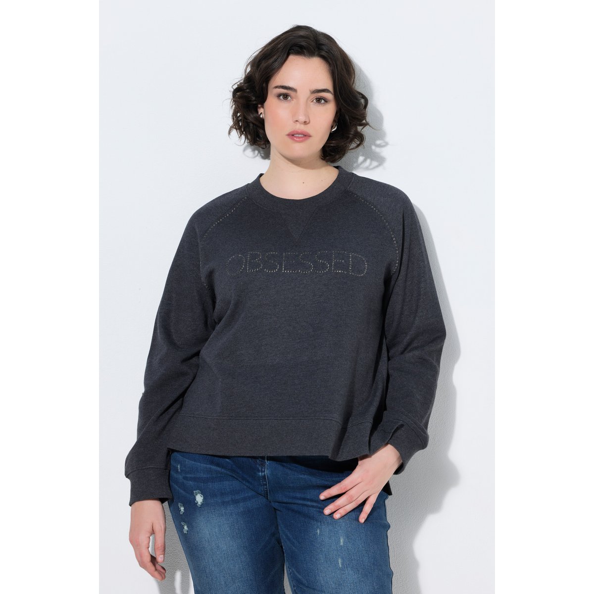 Sweat-shirt avec rivets fantaisie chiné gris foncé, ULLA POPKEN