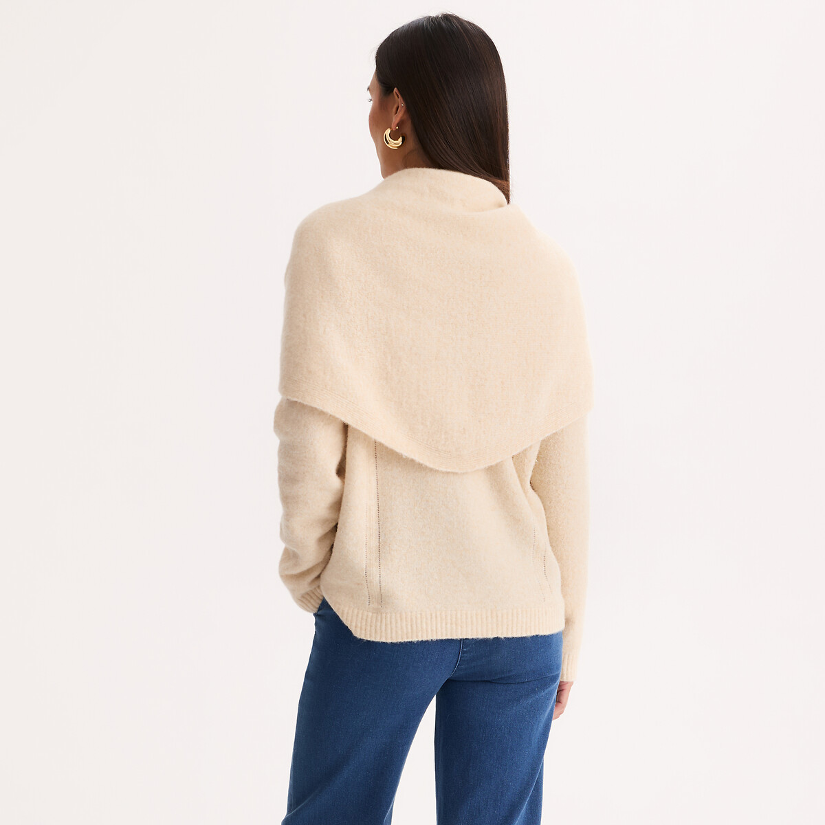 Maglione a collo rotondo in maglia fine, con sciarpa rimovibile beige chiaro chiné, ANNE WEYBURN