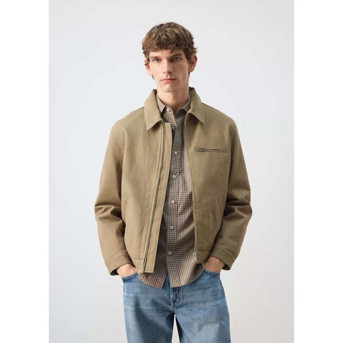 Veste en jean col velours côtelé beige, MANGO MAN