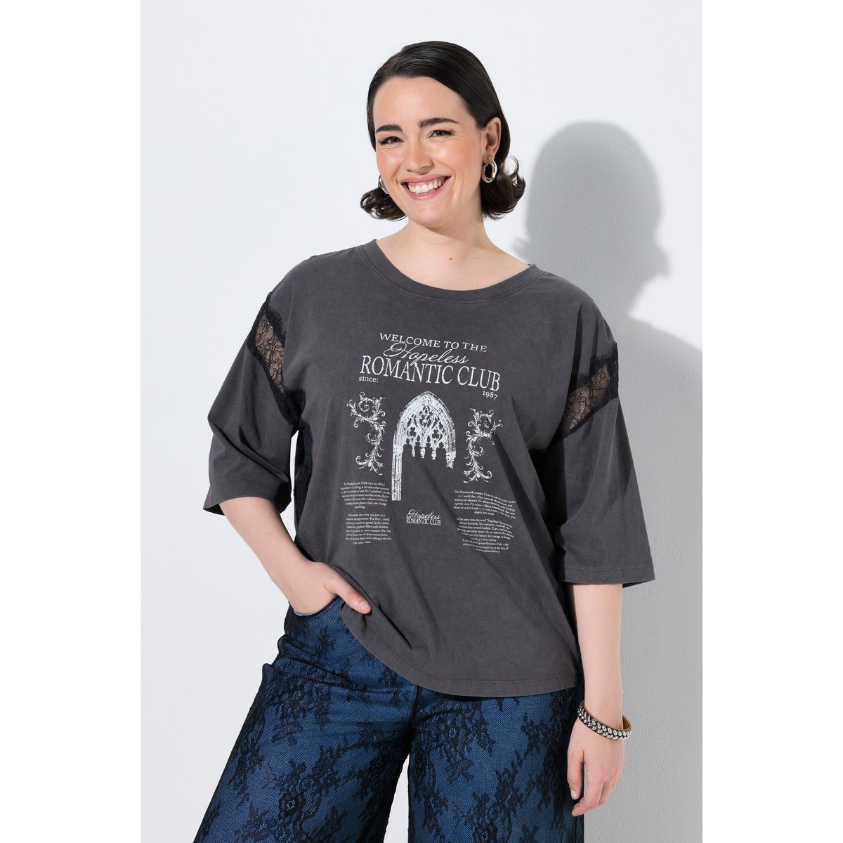 T-shirt avec empiècements en dentelle anthracite, ULLA POPKEN