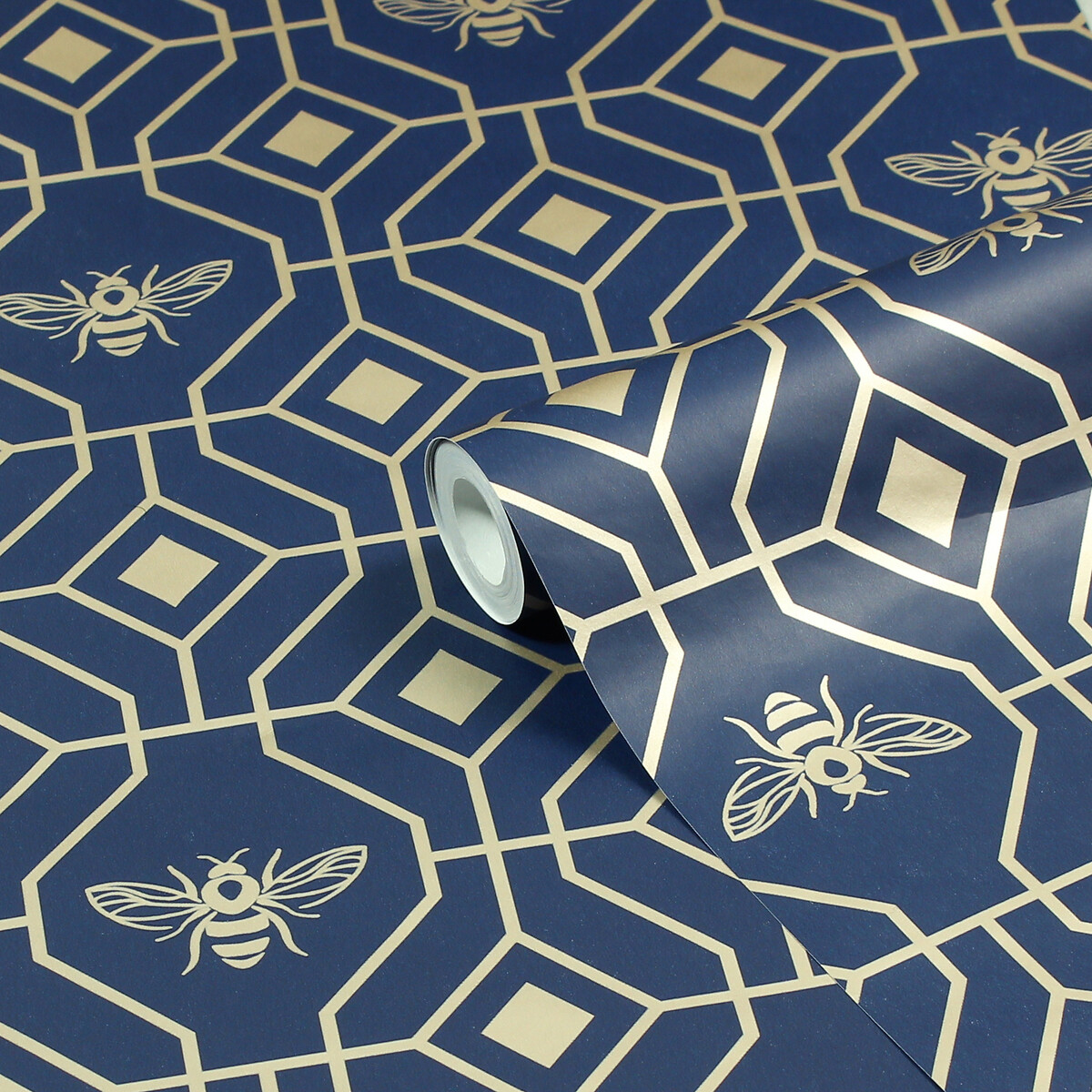 10m Bee Deco Geometric Printed Wallpaper dark blue, FURN.