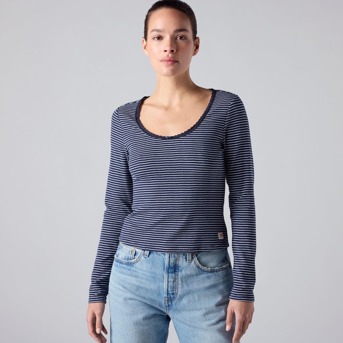 Dry Goods t-shirt manche longue maille pointelle bleu - tina stripe navy blazer egret, LEVI'S