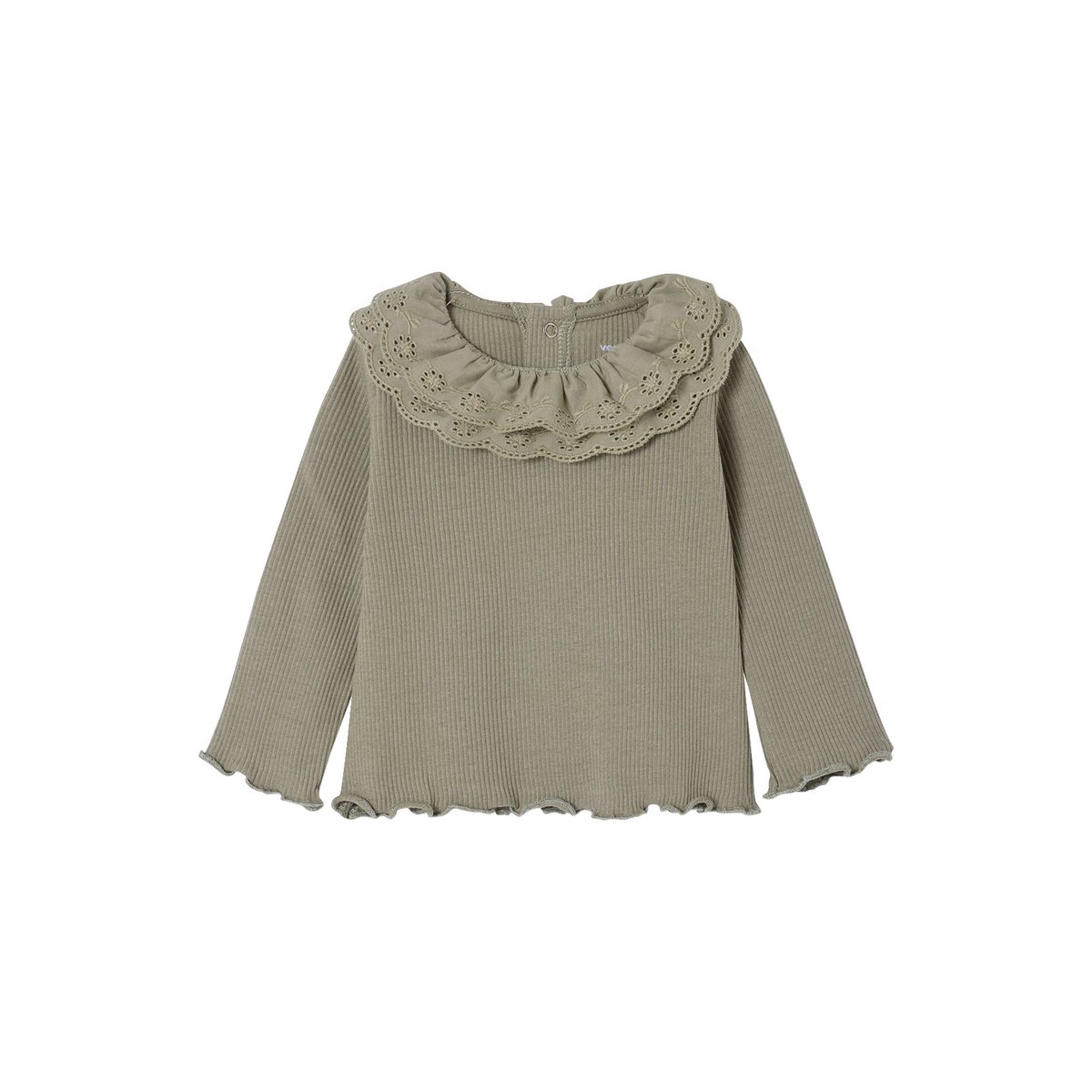 T-shirt bébé manches longues avec collerette brodée kaki, VERTBAUDET